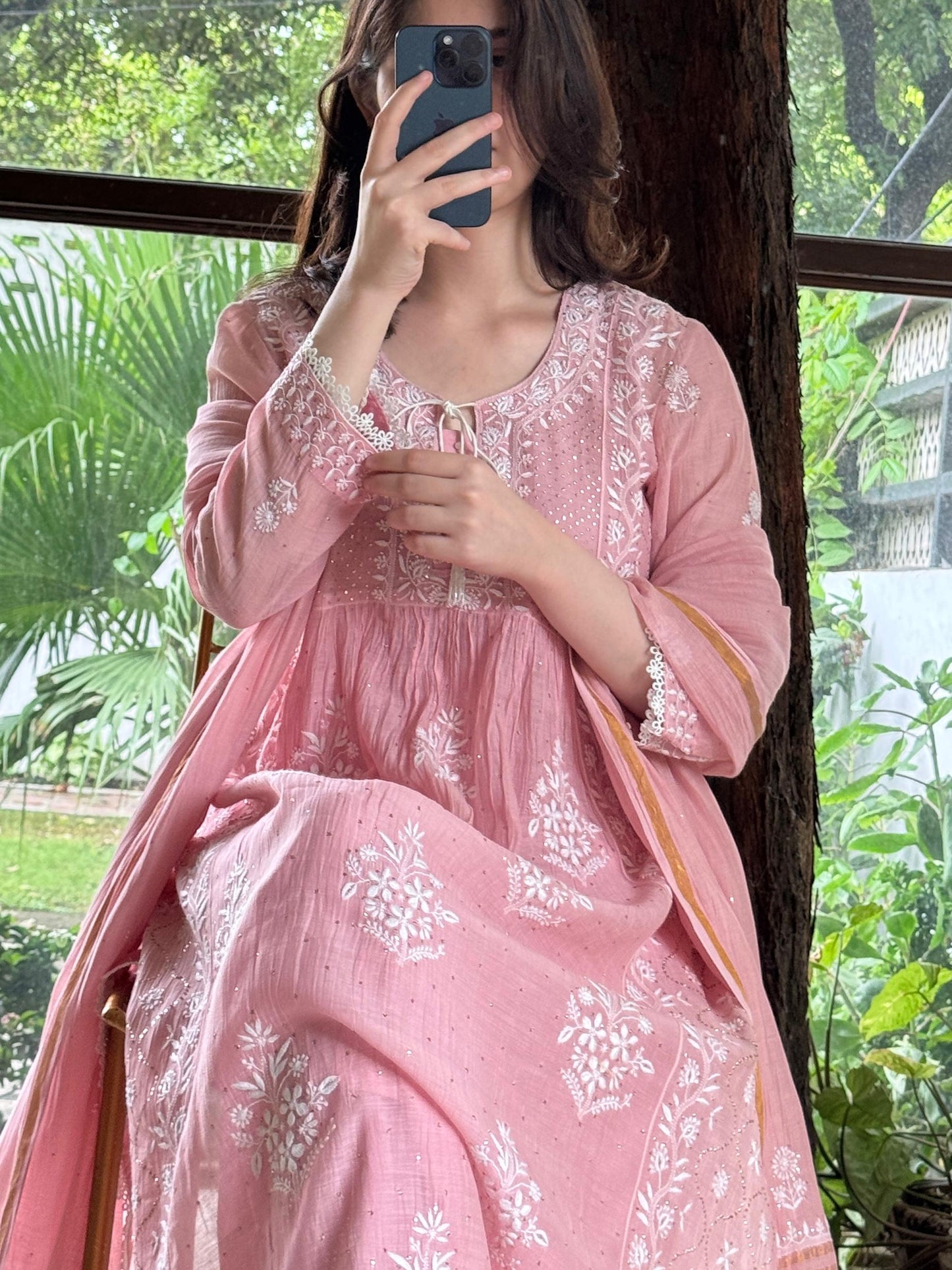 Soft Pink Shade Malmal Mukaish Kamdani Chikankari Stitched Kurta Dupatta Set