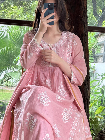 Soft Pink Shade Malmal Mukaish Kamdani Chikankari Stitched Kurta Dupatta Set