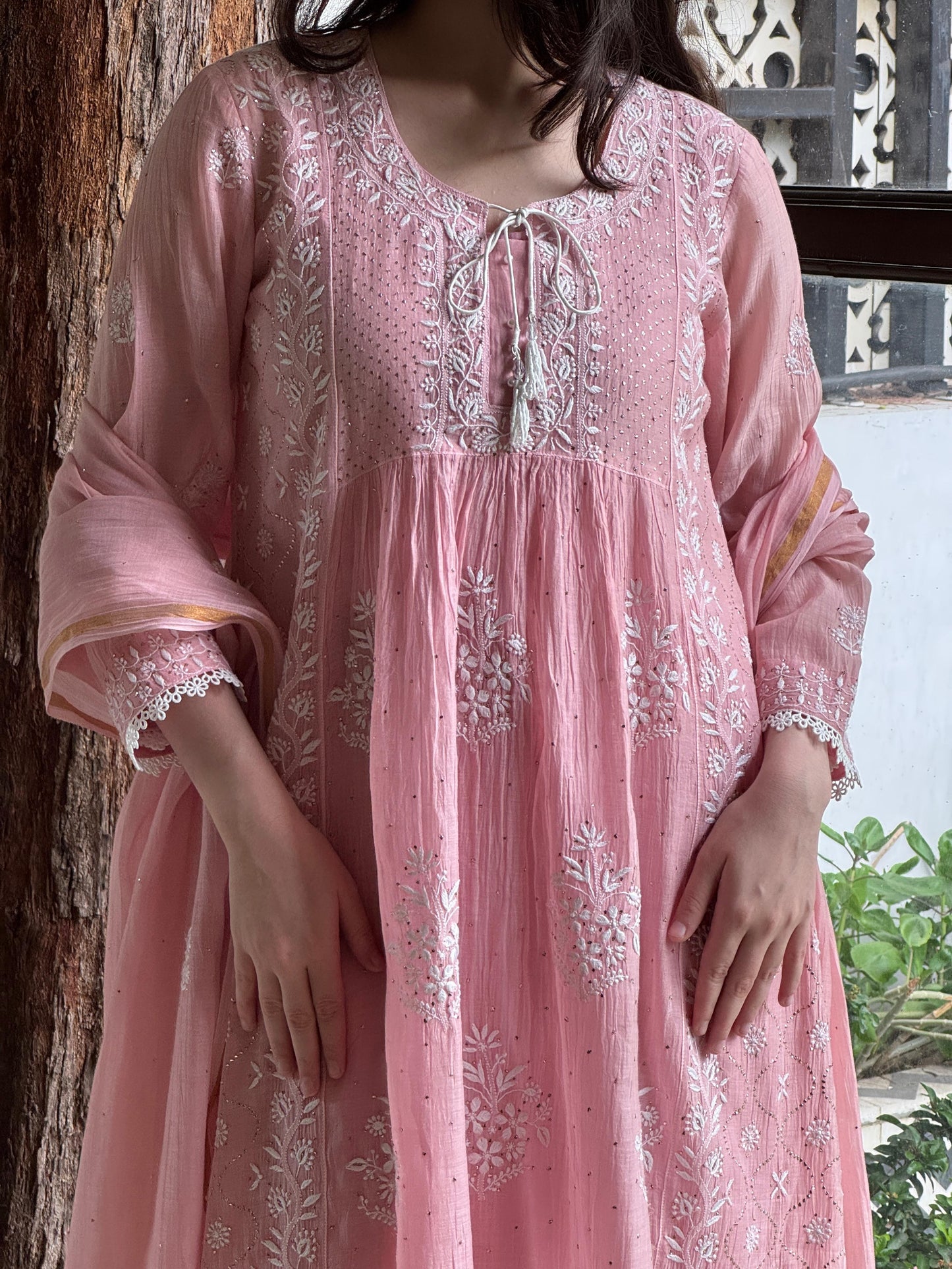 Soft Pink Shade Malmal Mukaish Kamdani Chikankari Stitched Kurta Dupatta Set