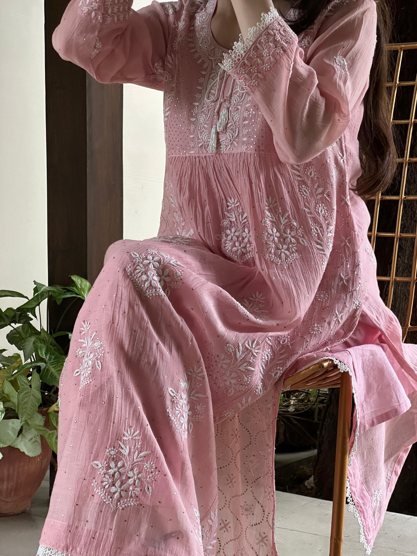 Soft Pink Shade Malmal Mukaish Kamdani Chikankari Stitched Kurta Dupatta Set