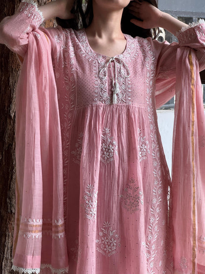 Soft Pink Shade Malmal Mukaish Kamdani Chikankari Stitched Kurta Dupatta Set