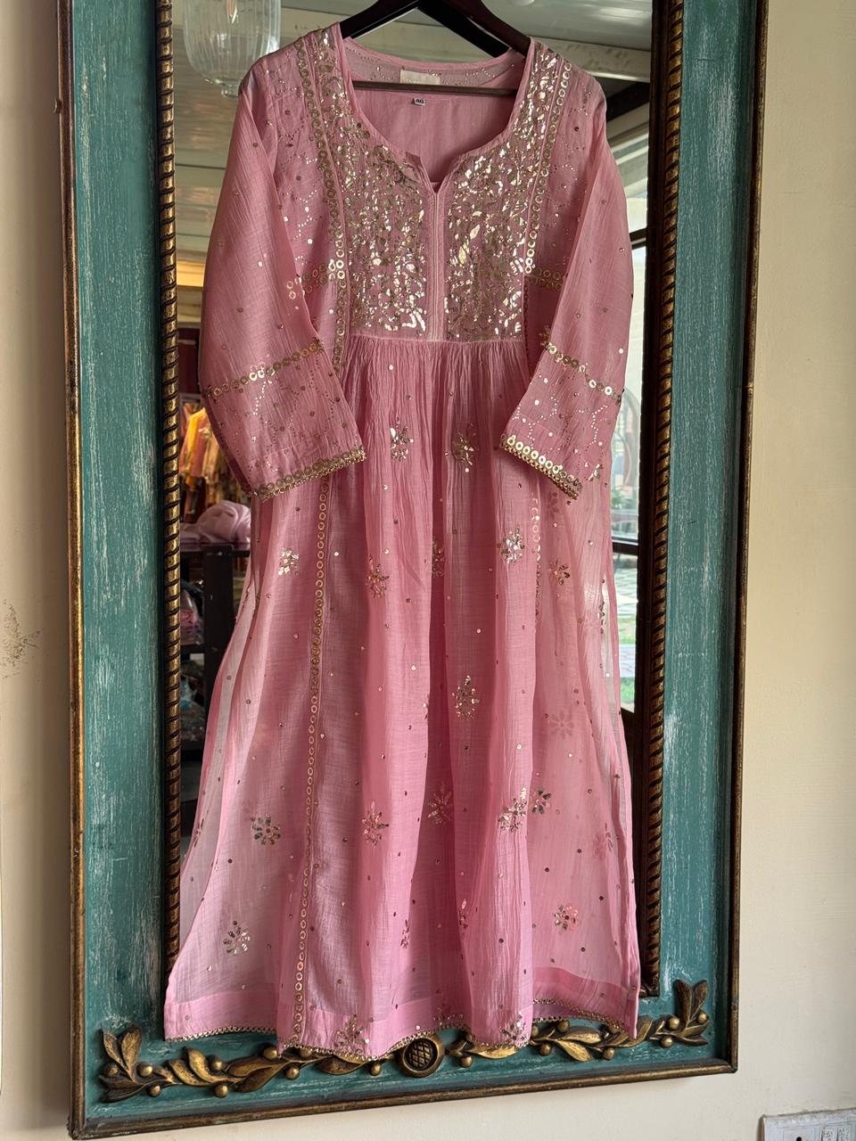 Soft Pink Shade Mukaish Kamdani Mul Chanderi Kurta Set