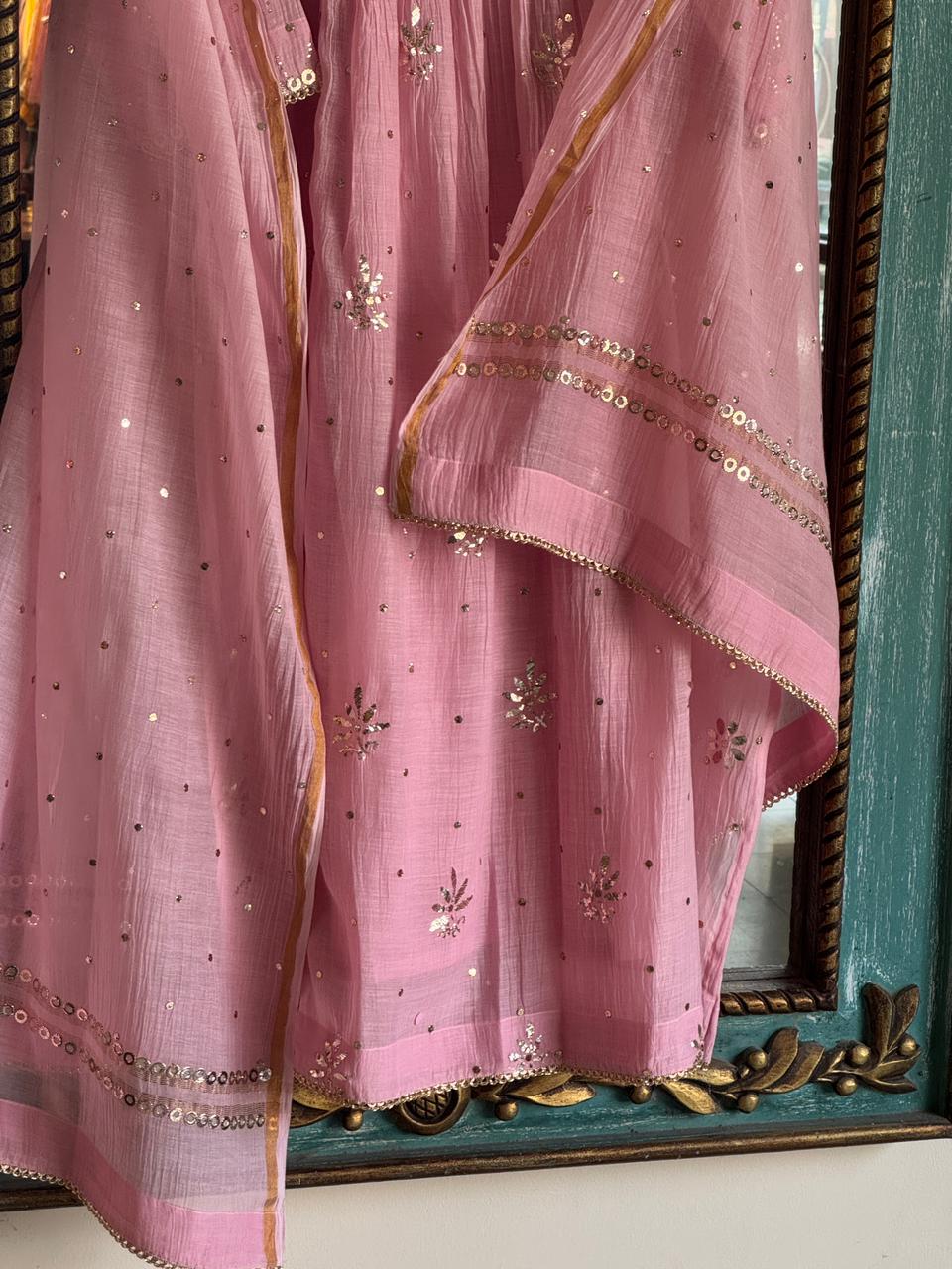 Soft Pink Shade Mukaish Kamdani Mul Chanderi Kurta Set