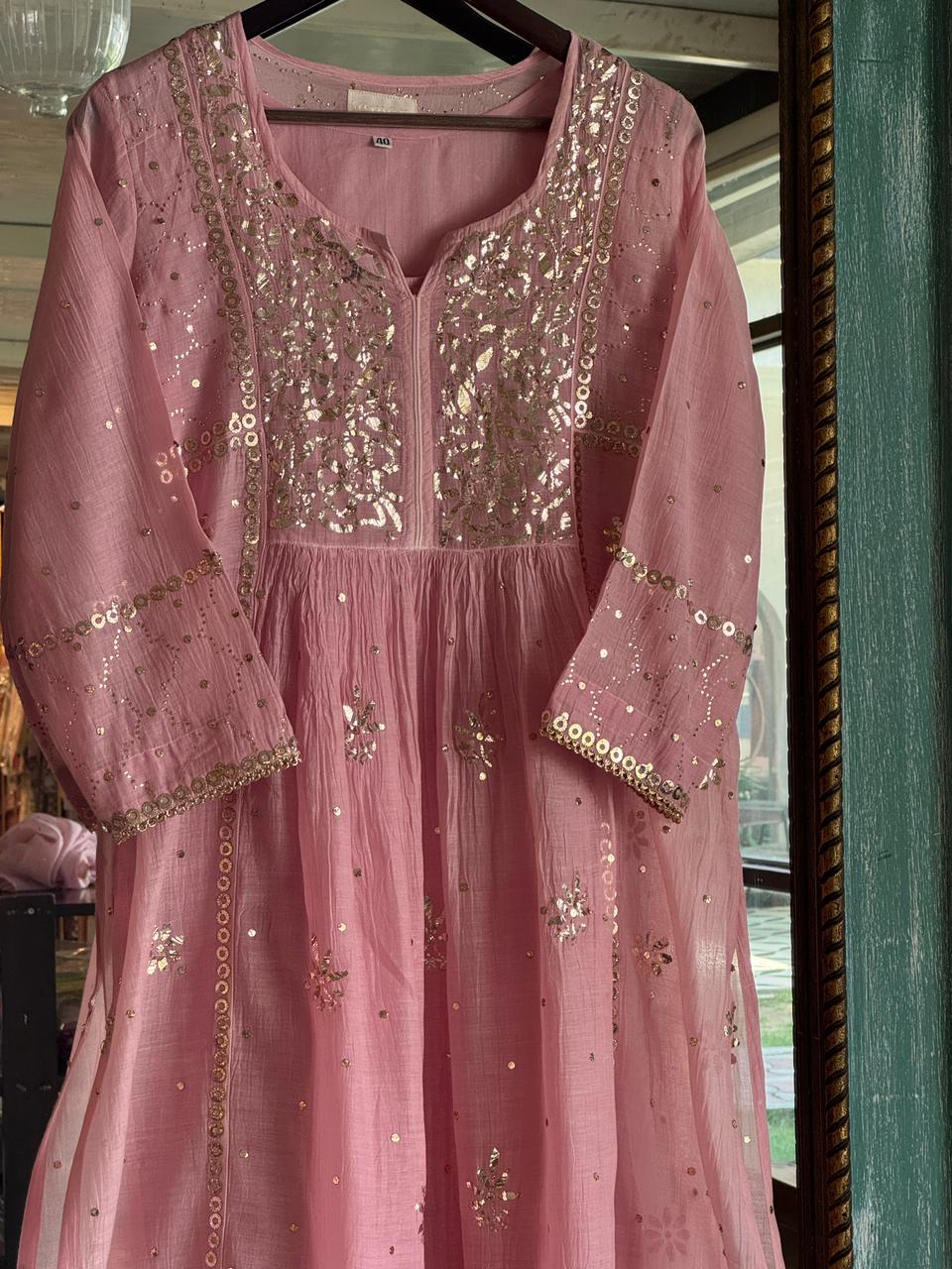 Soft Pink Shade Mukaish Kamdani Mul Chanderi Kurta Set