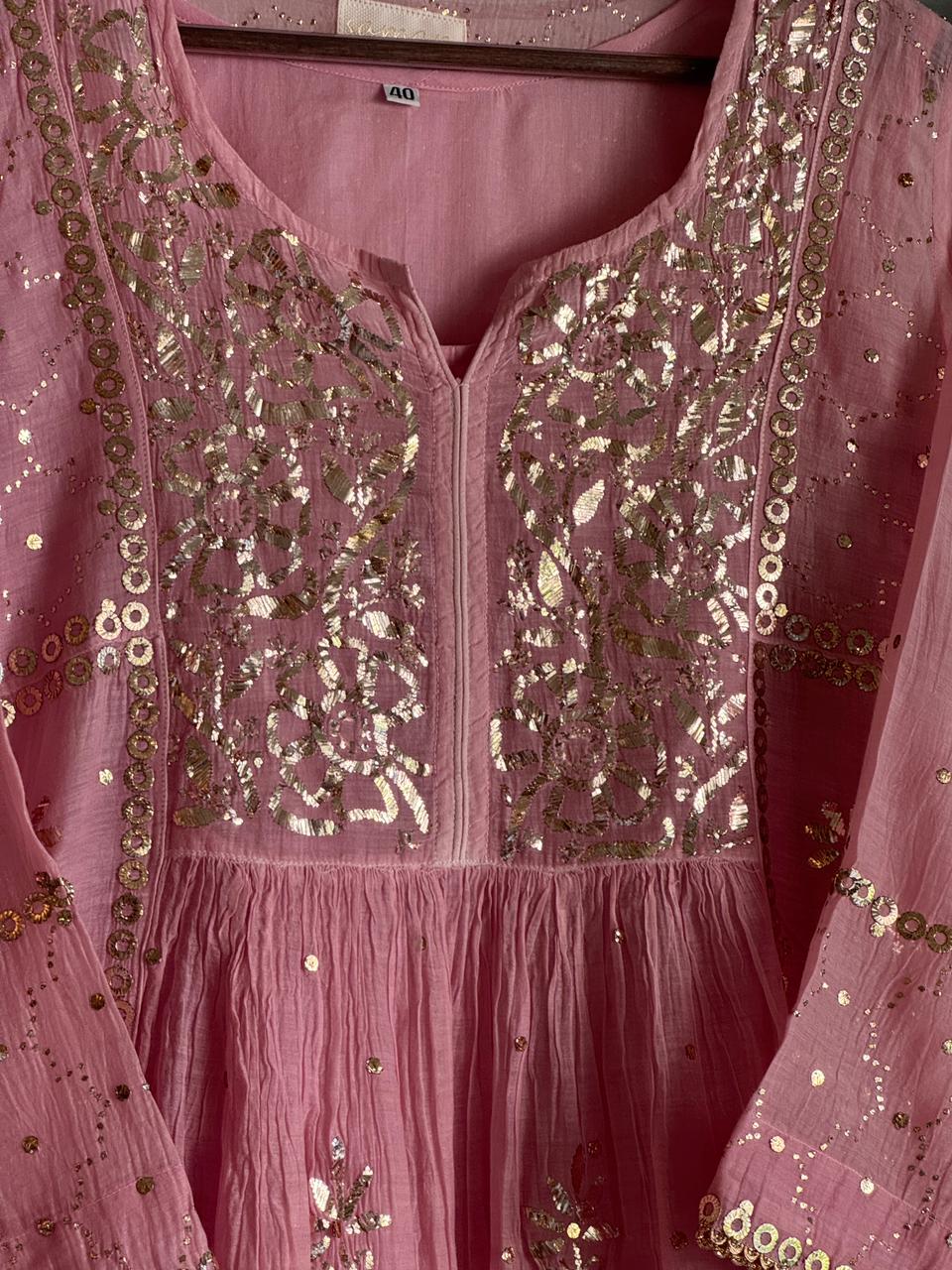 Soft Pink Shade Mukaish Kamdani Mul Chanderi Kurta Set