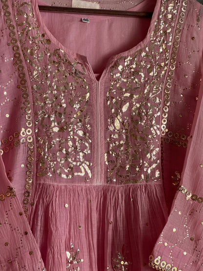 Soft Pink Shade Mukaish Kamdani Mul Chanderi Kurta Set