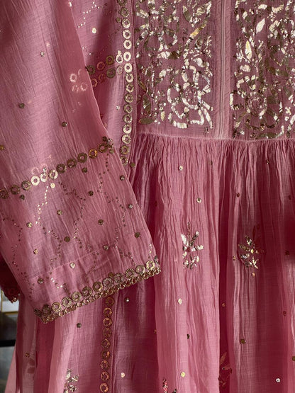 Soft Pink Shade Mukaish Kamdani Mul Chanderi Kurta Set