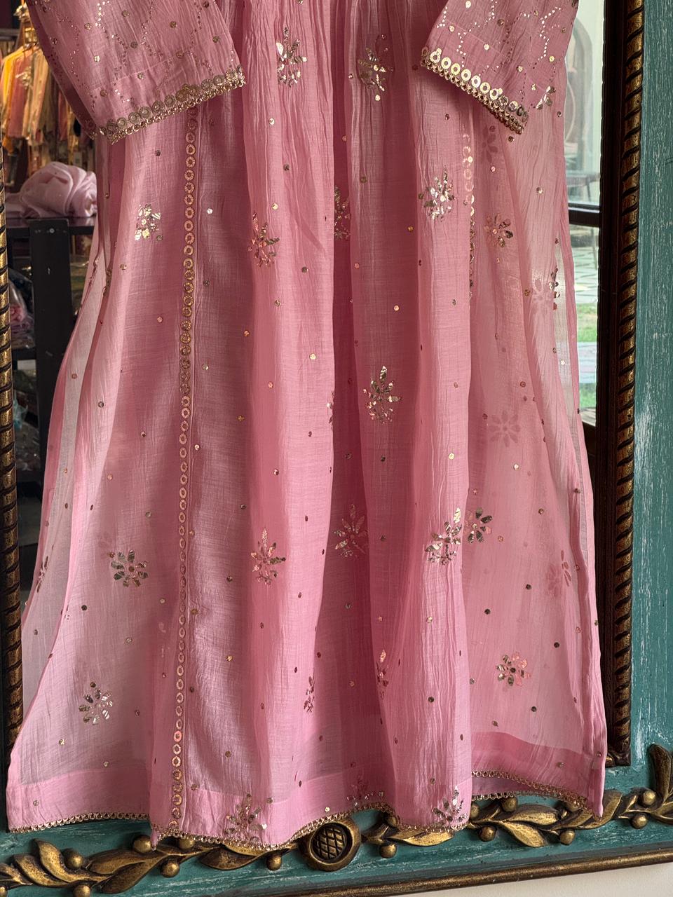 Soft Pink Shade Mukaish Kamdani Mul Chanderi Kurta Set