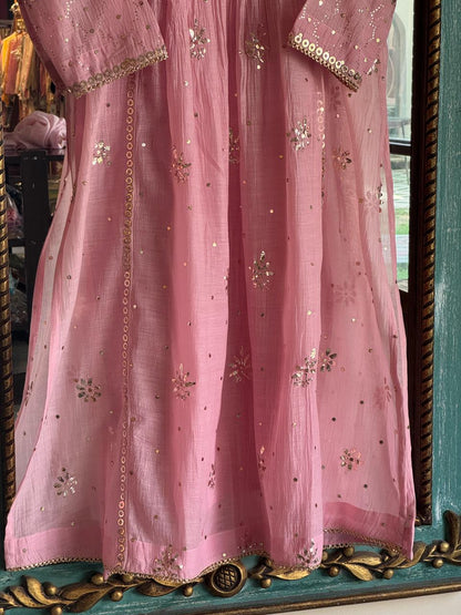 Soft Pink Shade Mukaish Kamdani Mul Chanderi Kurta Set