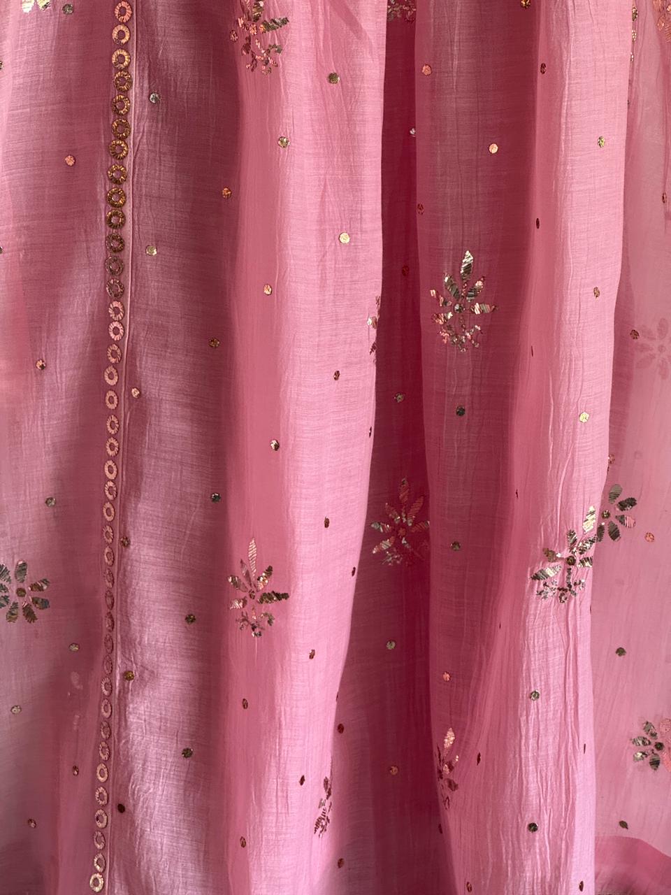 Soft Pink Shade Mukaish Kamdani Mul Chanderi Kurta Set