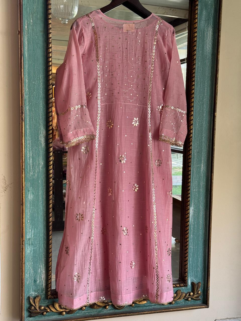 Soft Pink Shade Mukaish Kamdani Mul Chanderi Kurta Set