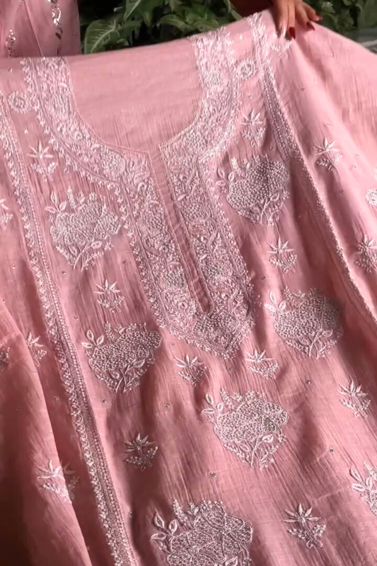 Soft Pink Shade Silver Tissue Silk Chikankari Unstitched Fabric