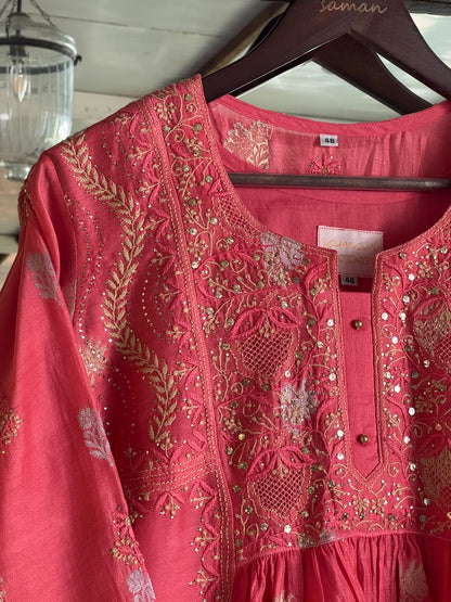 Soft Pink Zari Chanderi Chikankari Ready to Wear Tunics