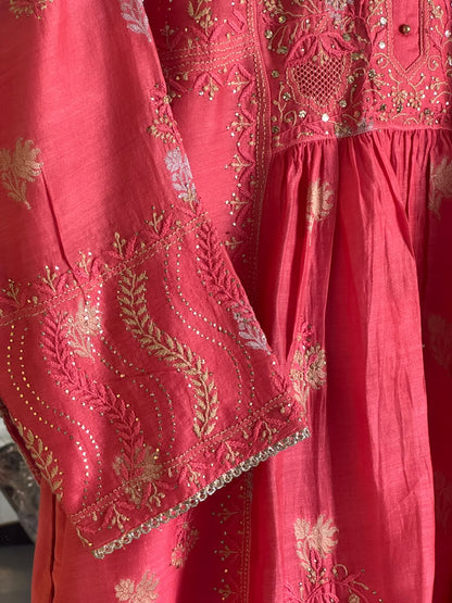 Soft Pink Zari Chanderi Chikankari Ready to Wear Tunics