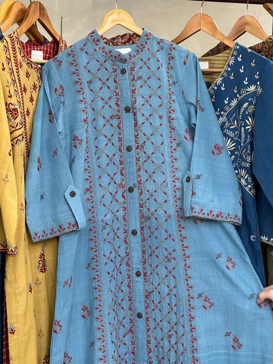 Soft Sky Blue Hand-Embroidered Malkha Tunic With Front Buttons