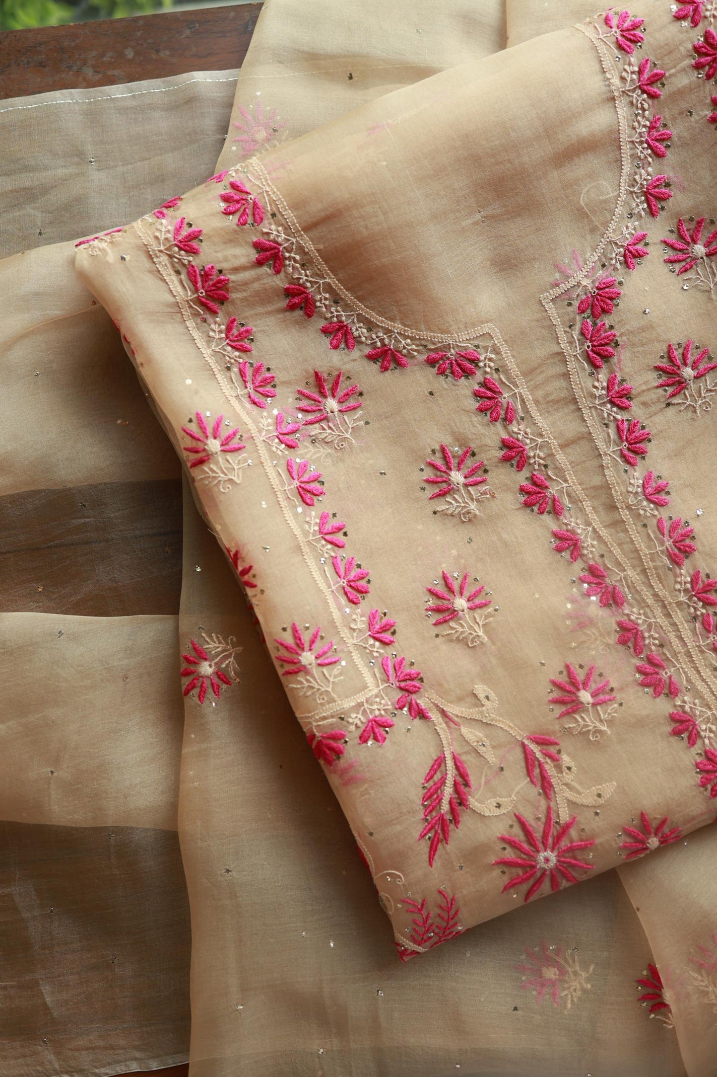 Soft Vanilla Shade Organza Silk Chikankari Unstitched Fabric