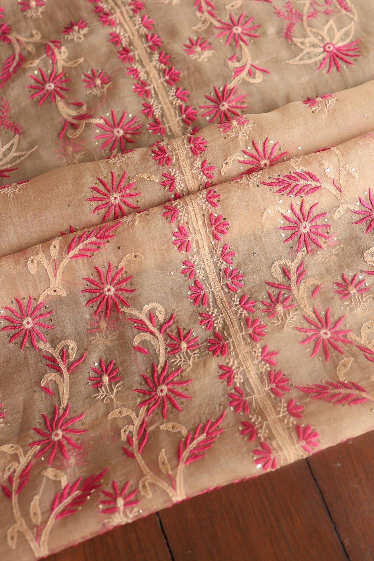 Soft Vanilla Shade Organza Silk Chikankari Unstitched Fabric