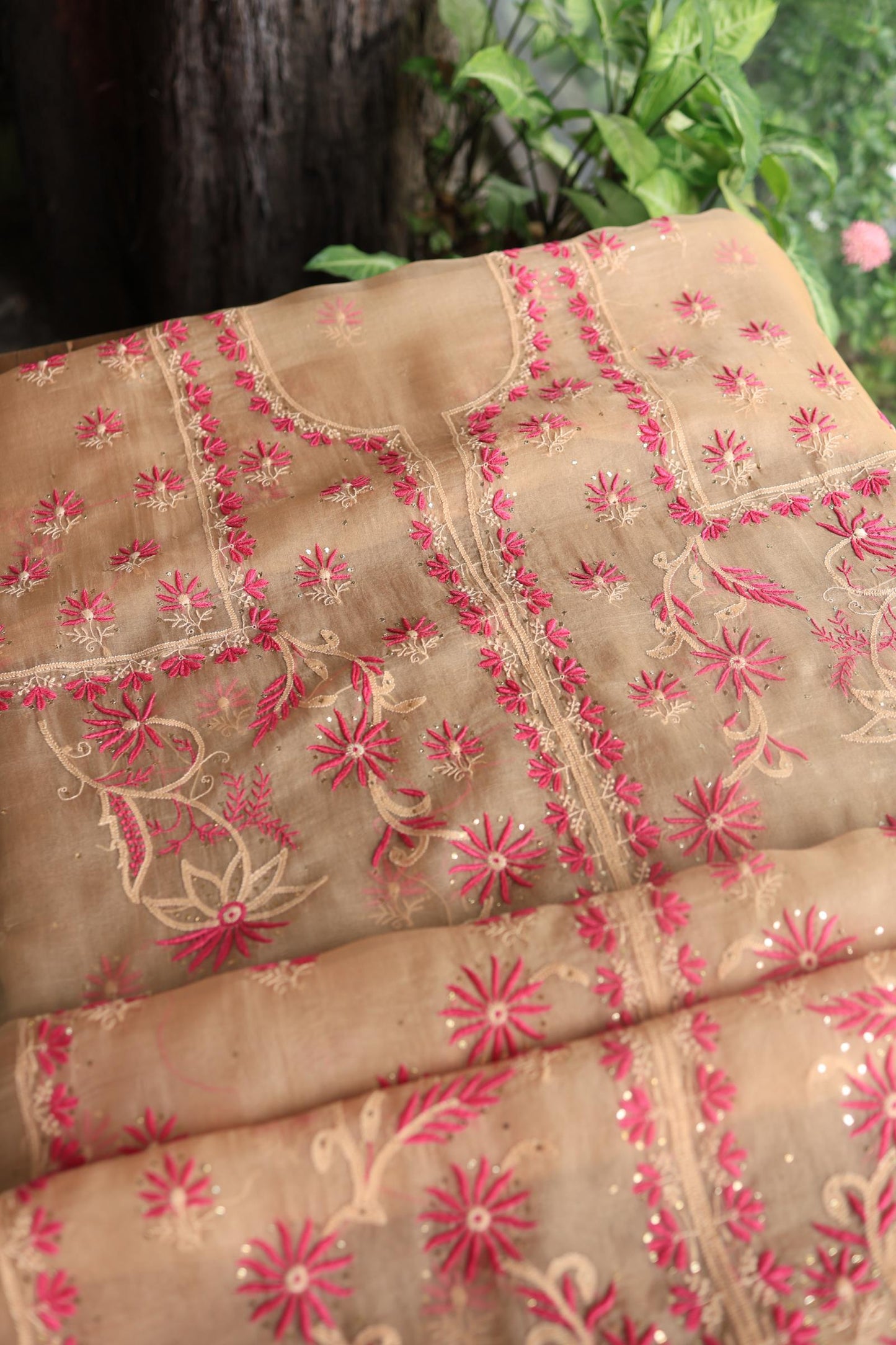 Soft Vanilla Shade Organza Silk Chikankari Unstitched Fabric
