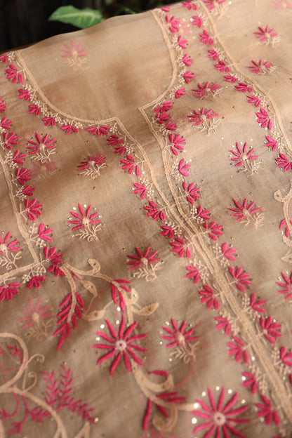 Soft Vanilla Shade Organza Silk Chikankari Unstitched Fabric