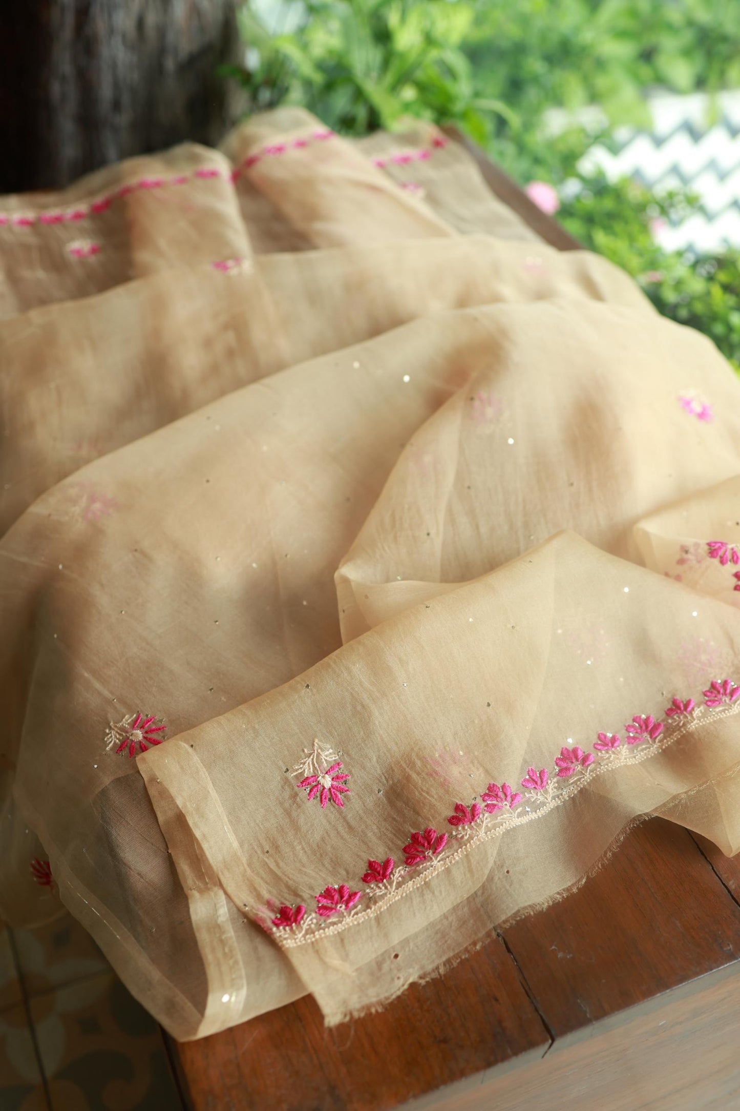 Soft Vanilla Shade Organza Silk Chikankari Unstitched Fabric