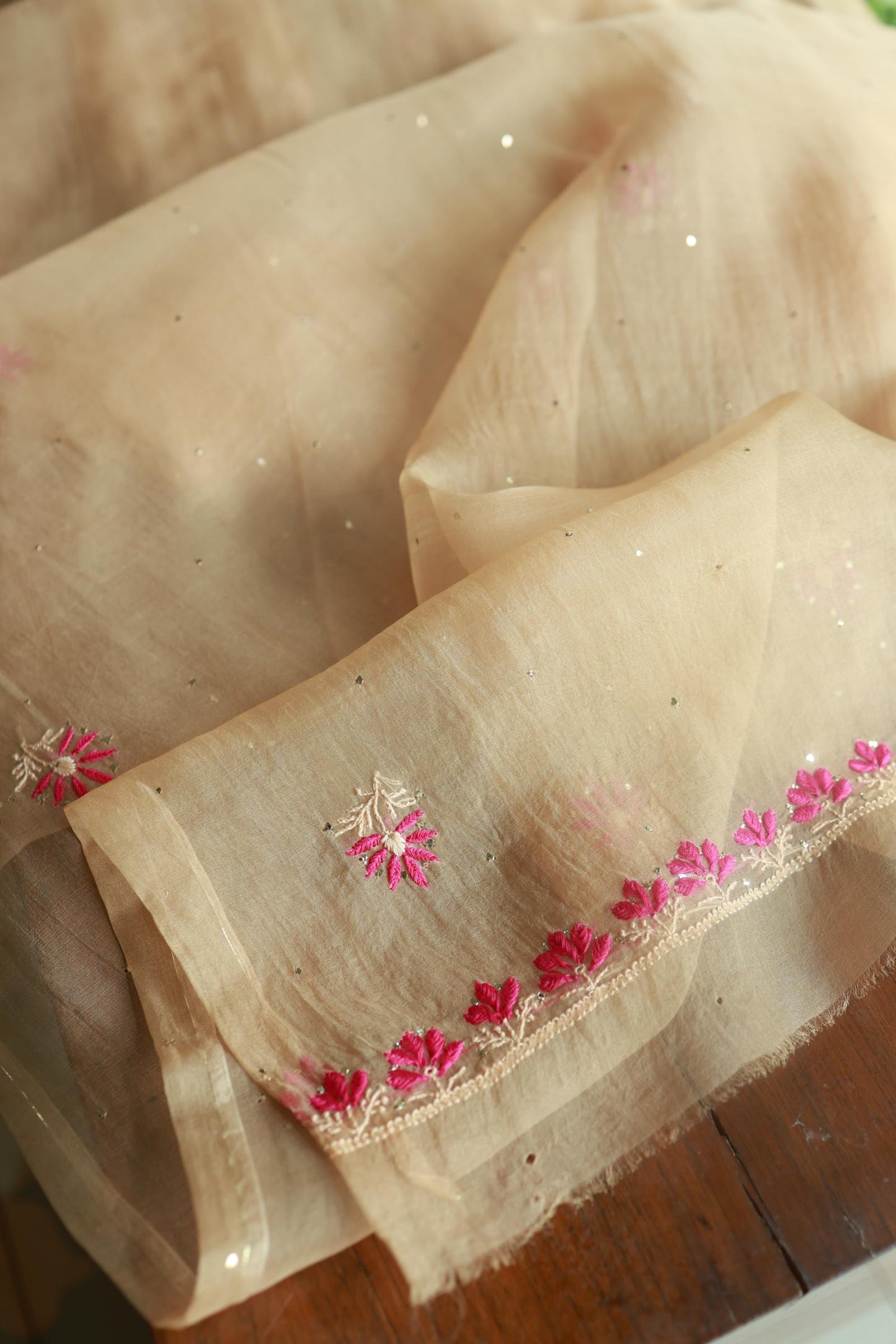 Soft Vanilla Shade Organza Silk Chikankari Unstitched Fabric