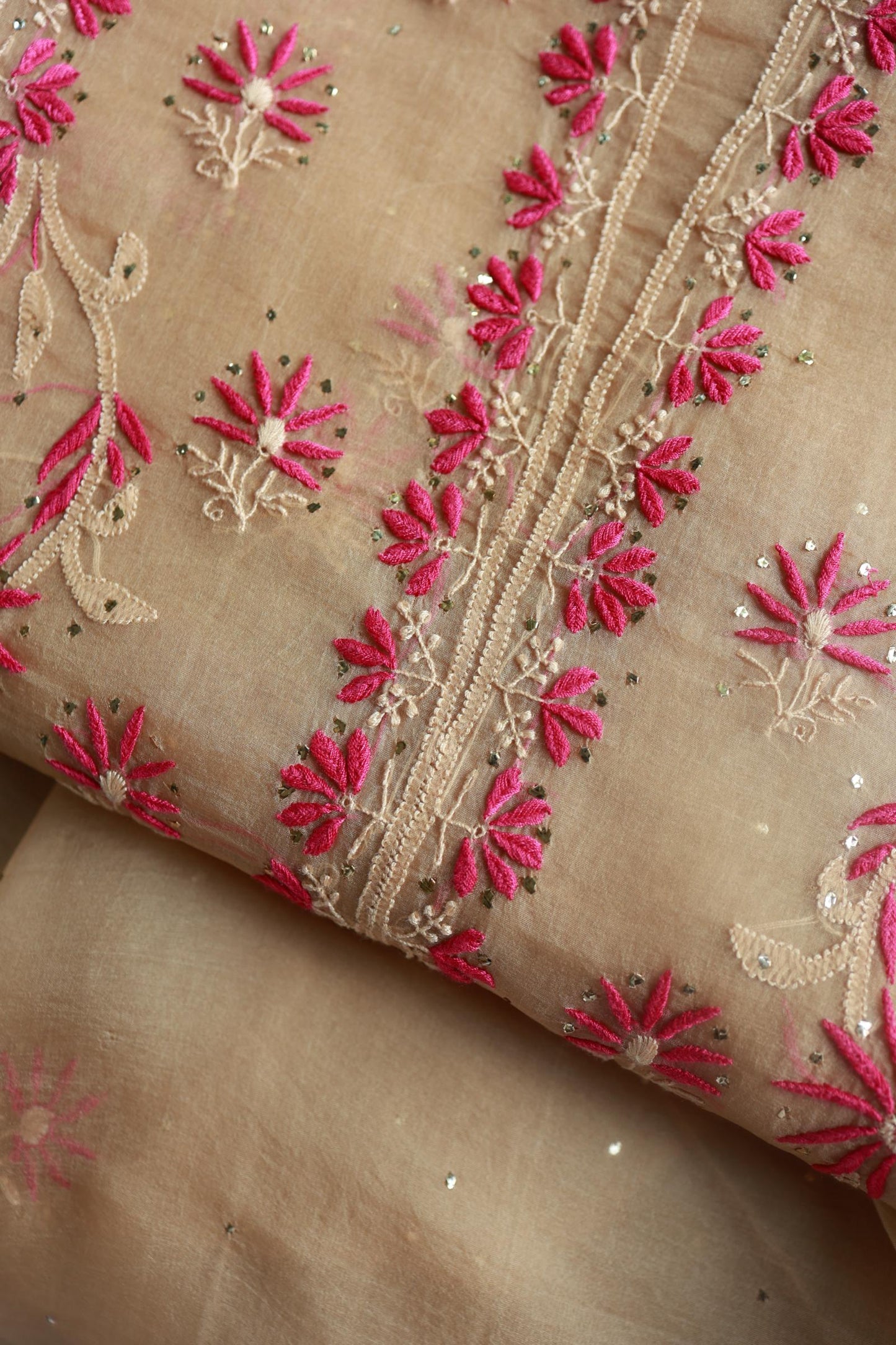Soft Vanilla Shade Organza Silk Chikankari Unstitched Fabric