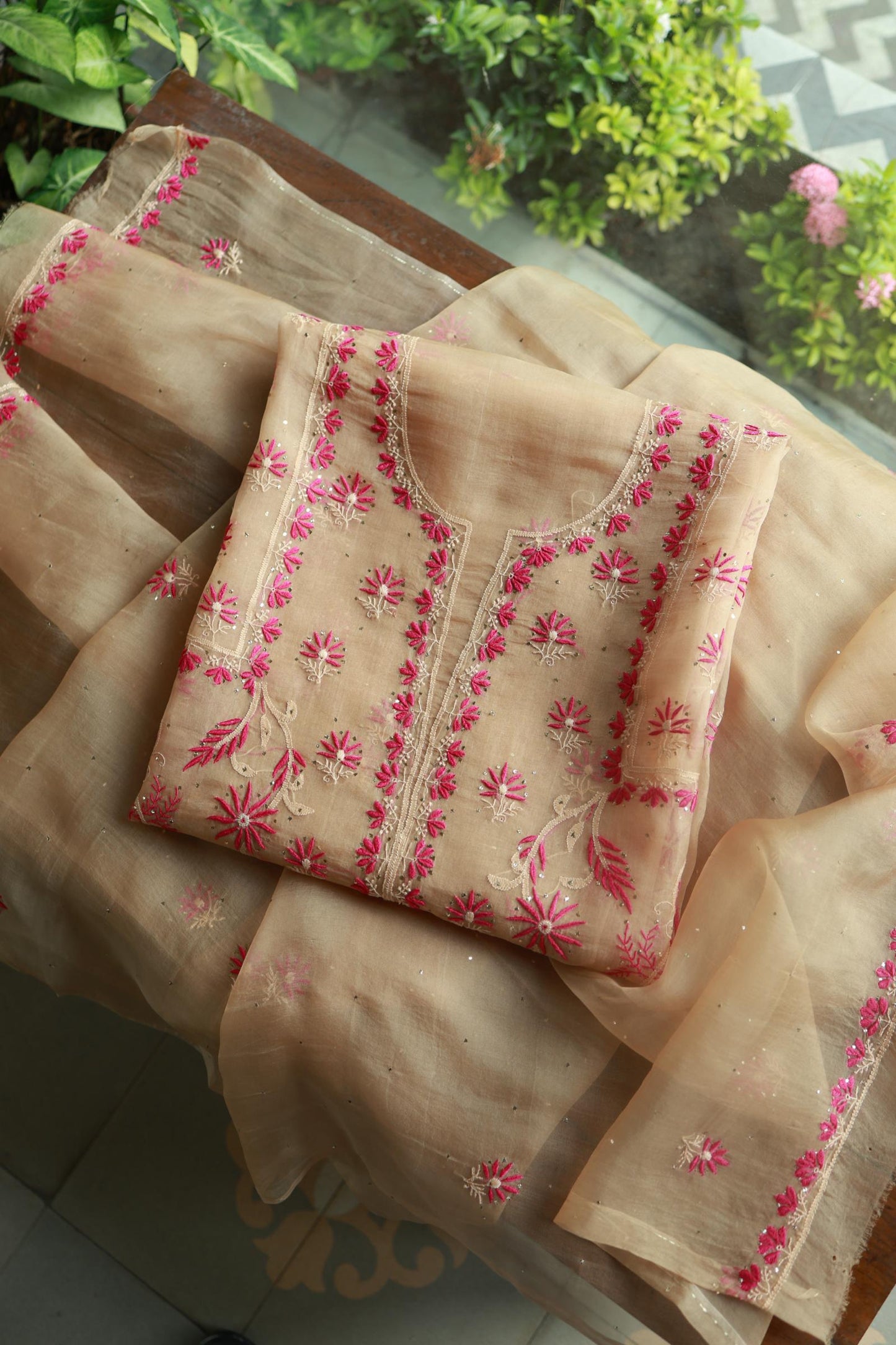 Soft Vanilla Shade Organza Silk Chikankari Unstitched Fabric