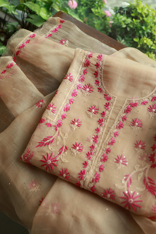 Soft Vanilla Shade Organza Silk Chikankari Unstitched Fabric