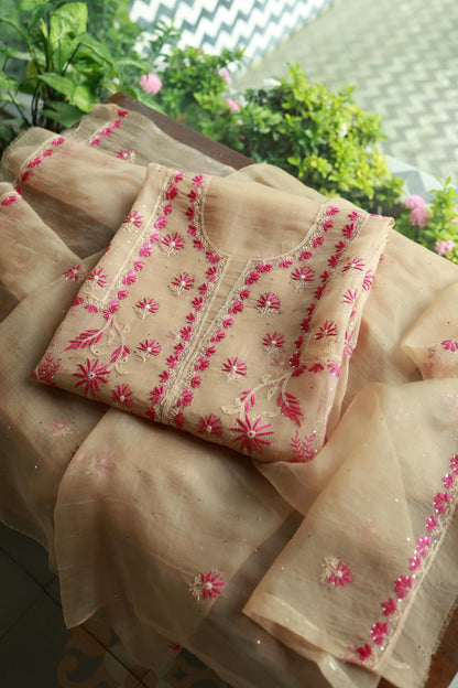 Soft Vanilla Shade Organza Silk Chikankari Unstitched Fabric