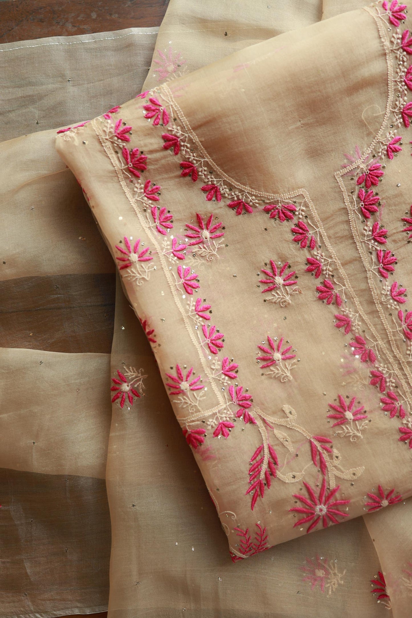 Soft Vanilla Shade Organza Silk Chikankari Unstitched Fabric
