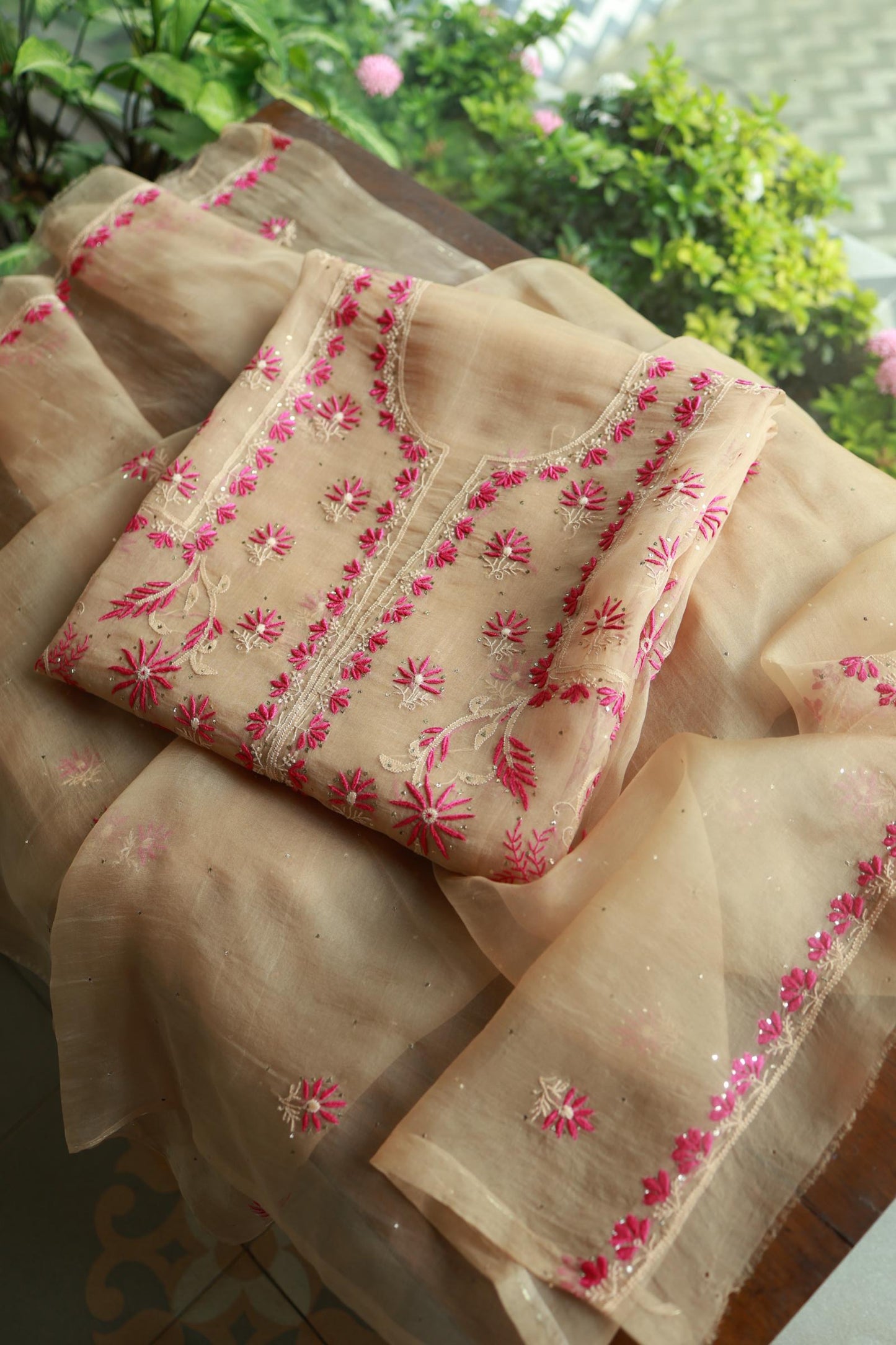 Soft Vanilla Shade Organza Silk Chikankari Unstitched Fabric