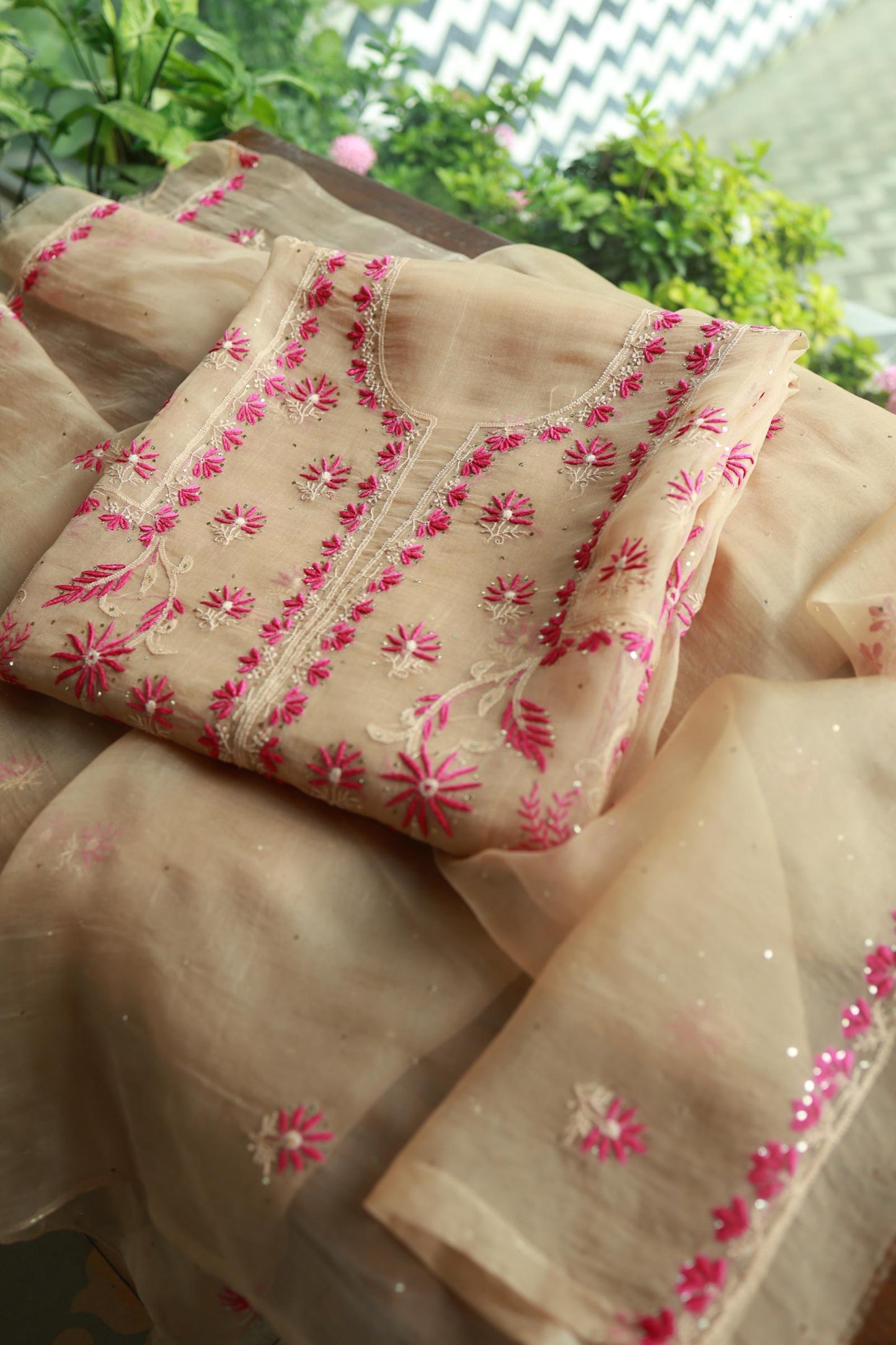 Soft Vanilla Shade Organza Silk Chikankari Unstitched Fabric