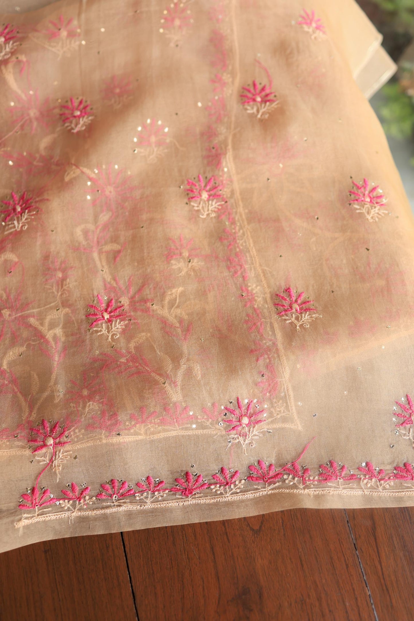 Soft Vanilla Shade Organza Silk Chikankari Unstitched Fabric