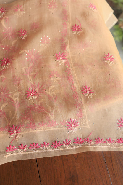 Soft Vanilla Shade Organza Silk Chikankari Unstitched Fabric
