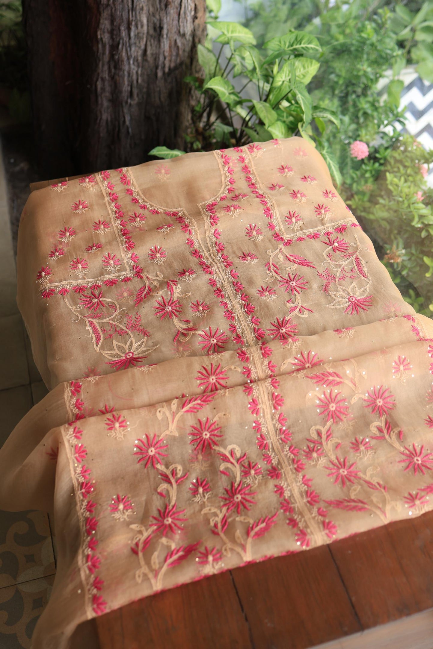 Soft Vanilla Shade Organza Silk Chikankari Unstitched Fabric