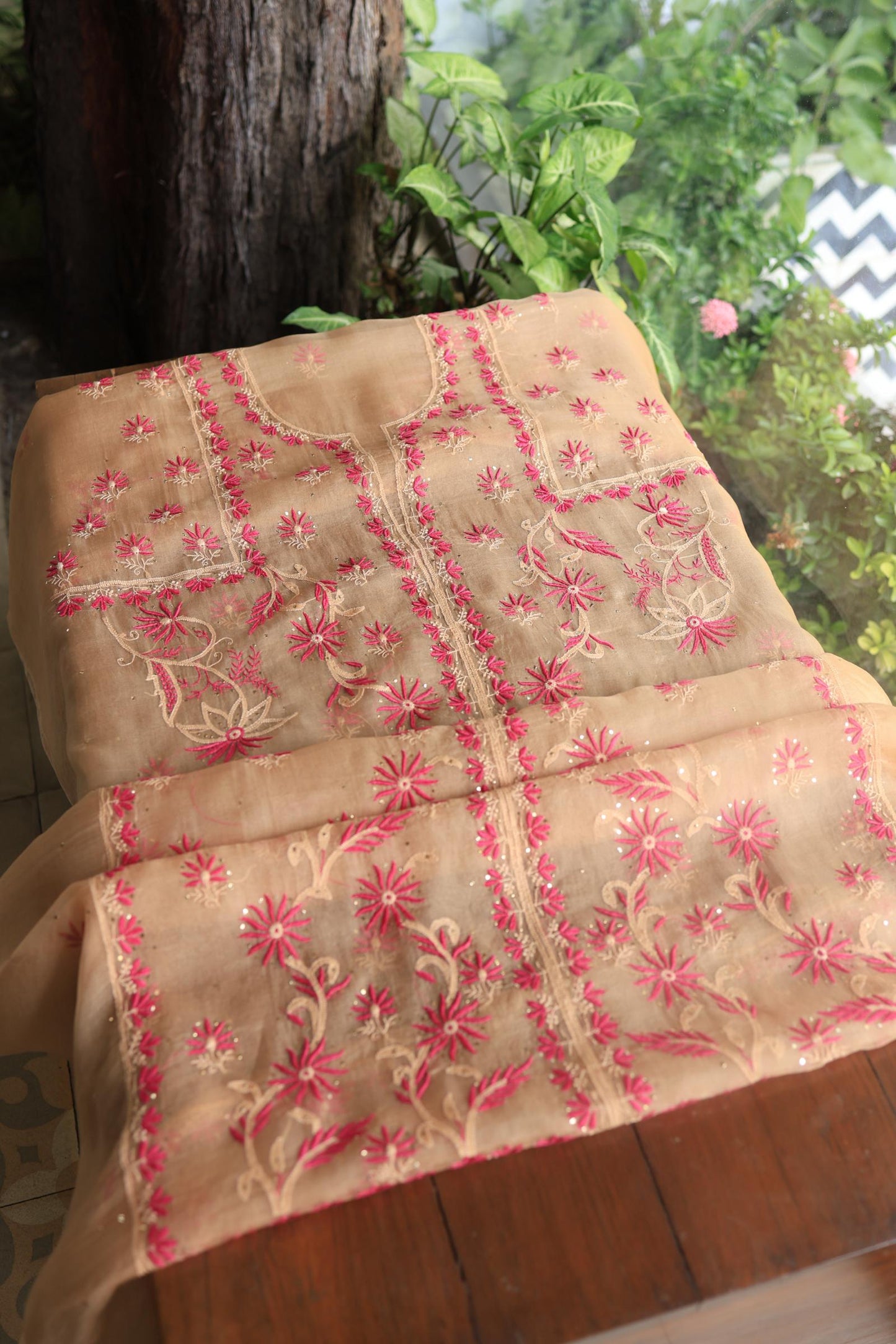 Soft Vanilla Shade Organza Silk Chikankari Unstitched Fabric