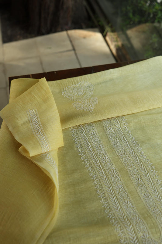 Soft Yellow Linen Chikankari Unstitched Men's Kurtas Fabric