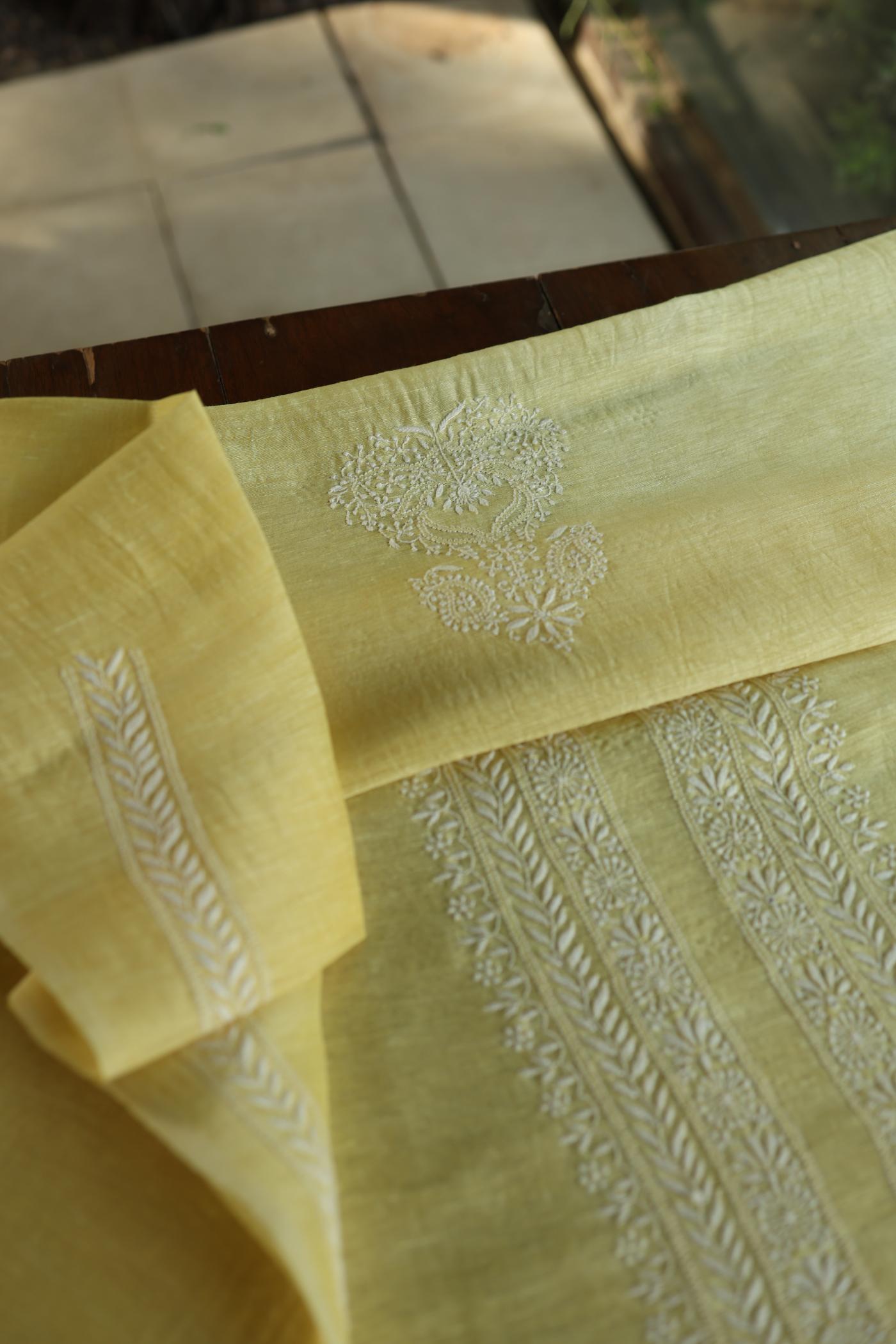 Soft Yellow Linen Chikankari Unstitched Men's Kurtas Fabric