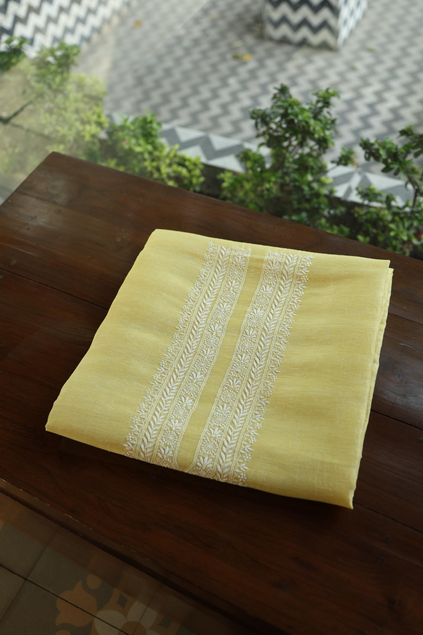 Soft Yellow Linen Chikankari Unstitched Men's Kurtas Fabric