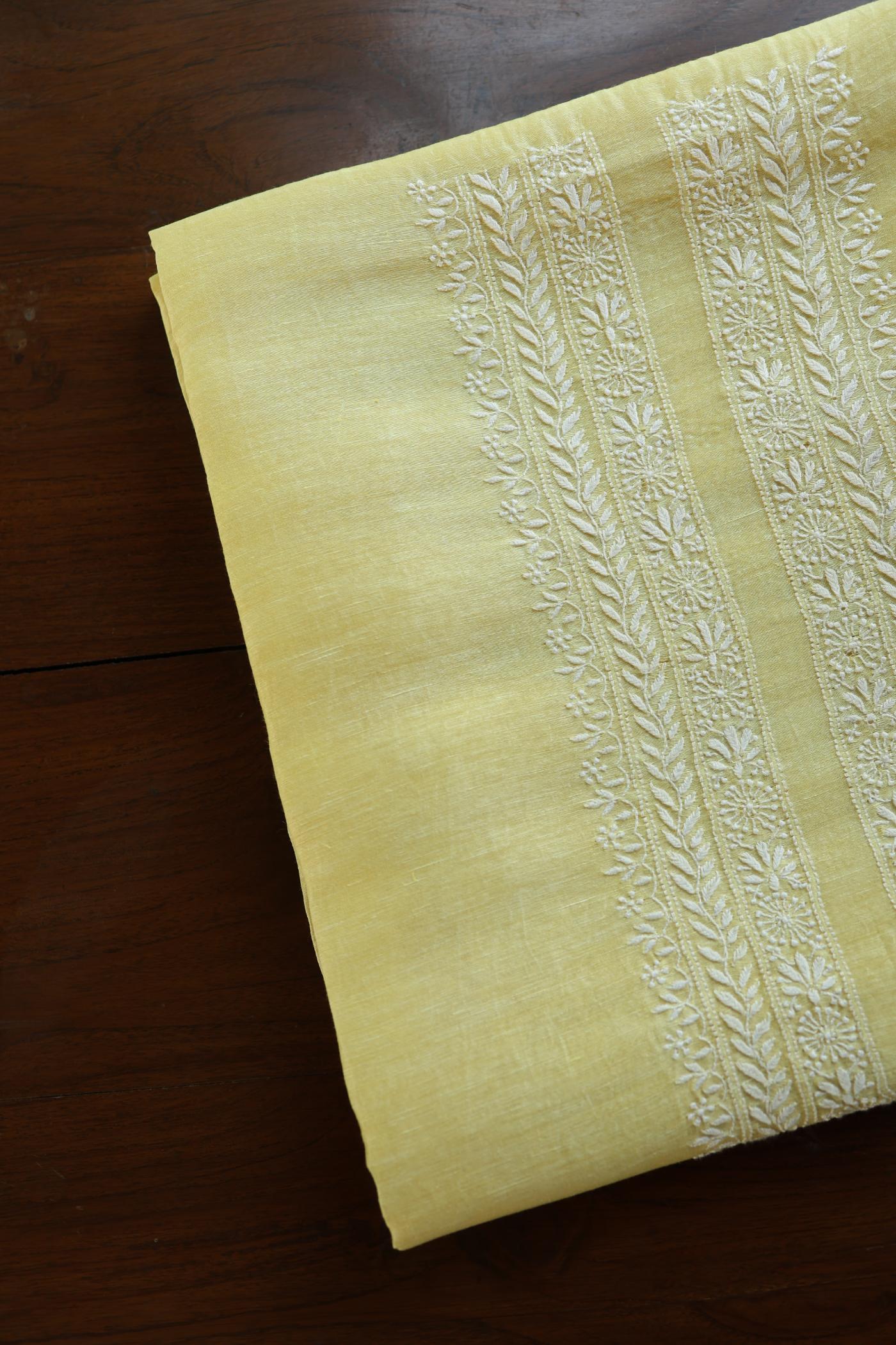 Soft Yellow Linen Chikankari Unstitched Men's Kurtas Fabric
