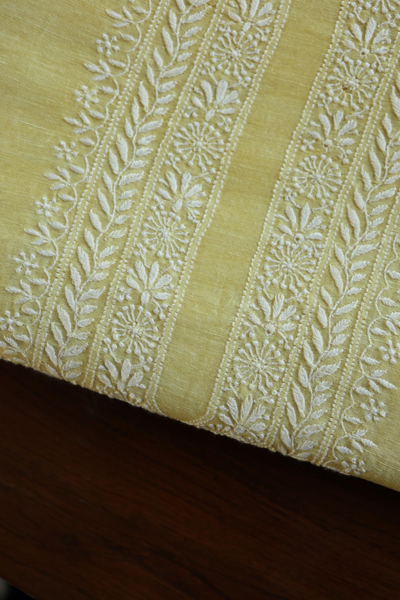 Soft Yellow Linen Chikankari Unstitched Men's Kurtas Fabric