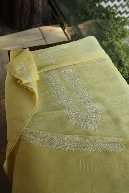 Soft Yellow Linen Chikankari Unstitched Men's Kurtas Fabric