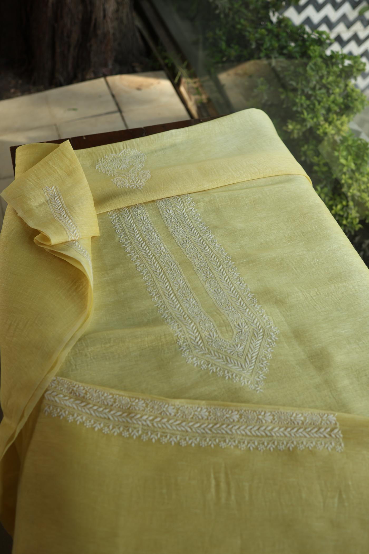 Soft Yellow Linen Chikankari Unstitched Men's Kurtas Fabric