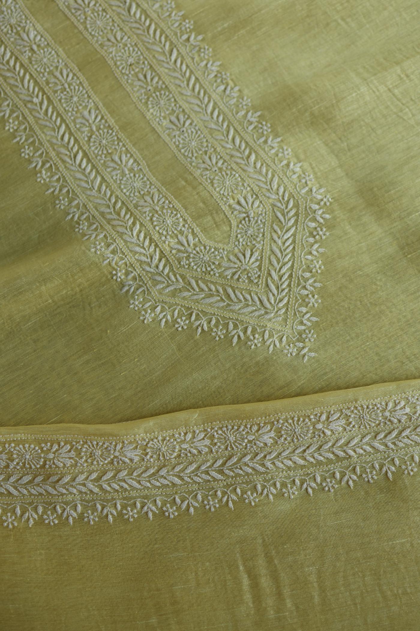 Soft Yellow Linen Chikankari Unstitched Men's Kurtas Fabric
