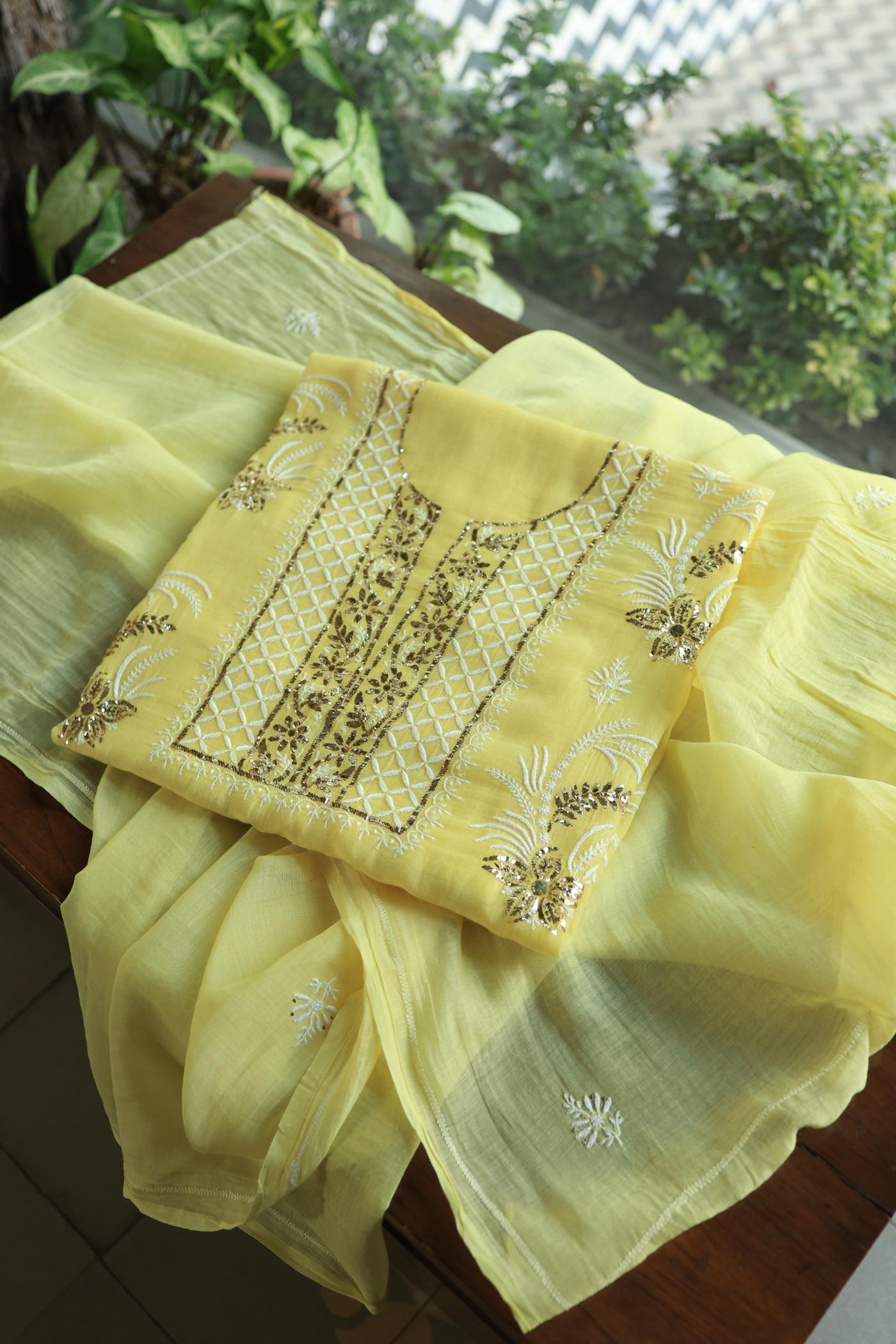 Soft Yellow Mal Cotton Fine Chikankari With Kamdani Work Unstitched Fabric