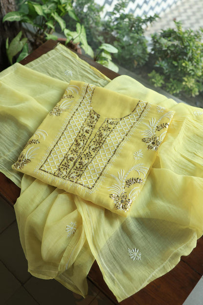 Soft Yellow Mal Cotton Fine Chikankari With Kamdani Work Unstitched Fabric