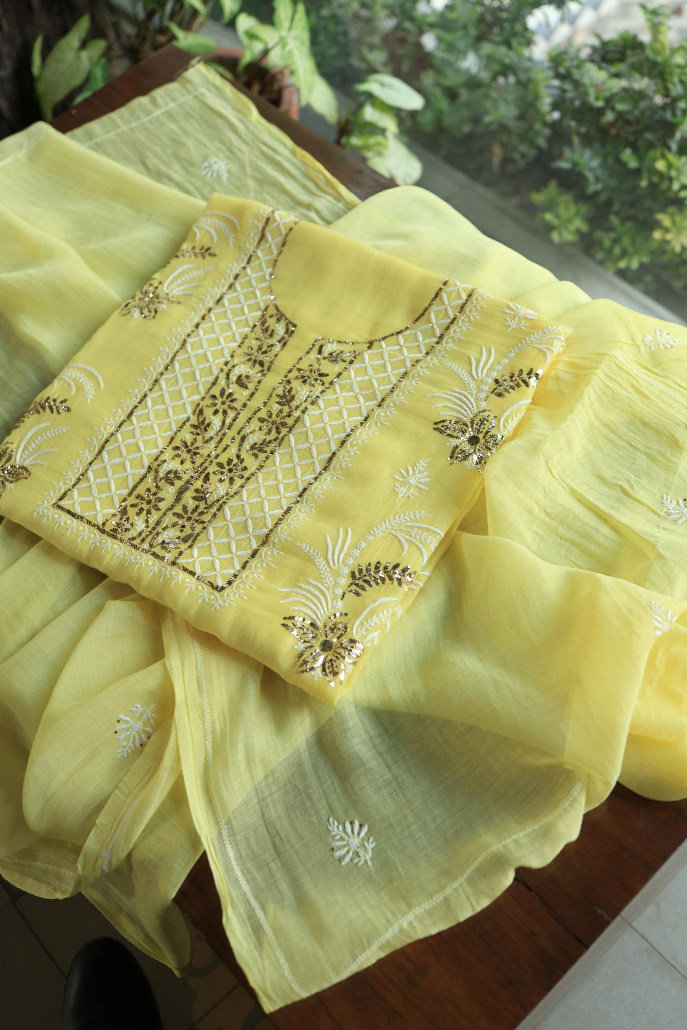 Soft Yellow Mal Cotton Fine Chikankari With Kamdani Work Unstitched Fabric