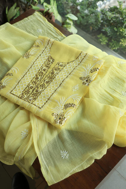Soft Yellow Mal Cotton Fine Chikankari With Kamdani Work Unstitched Fabric