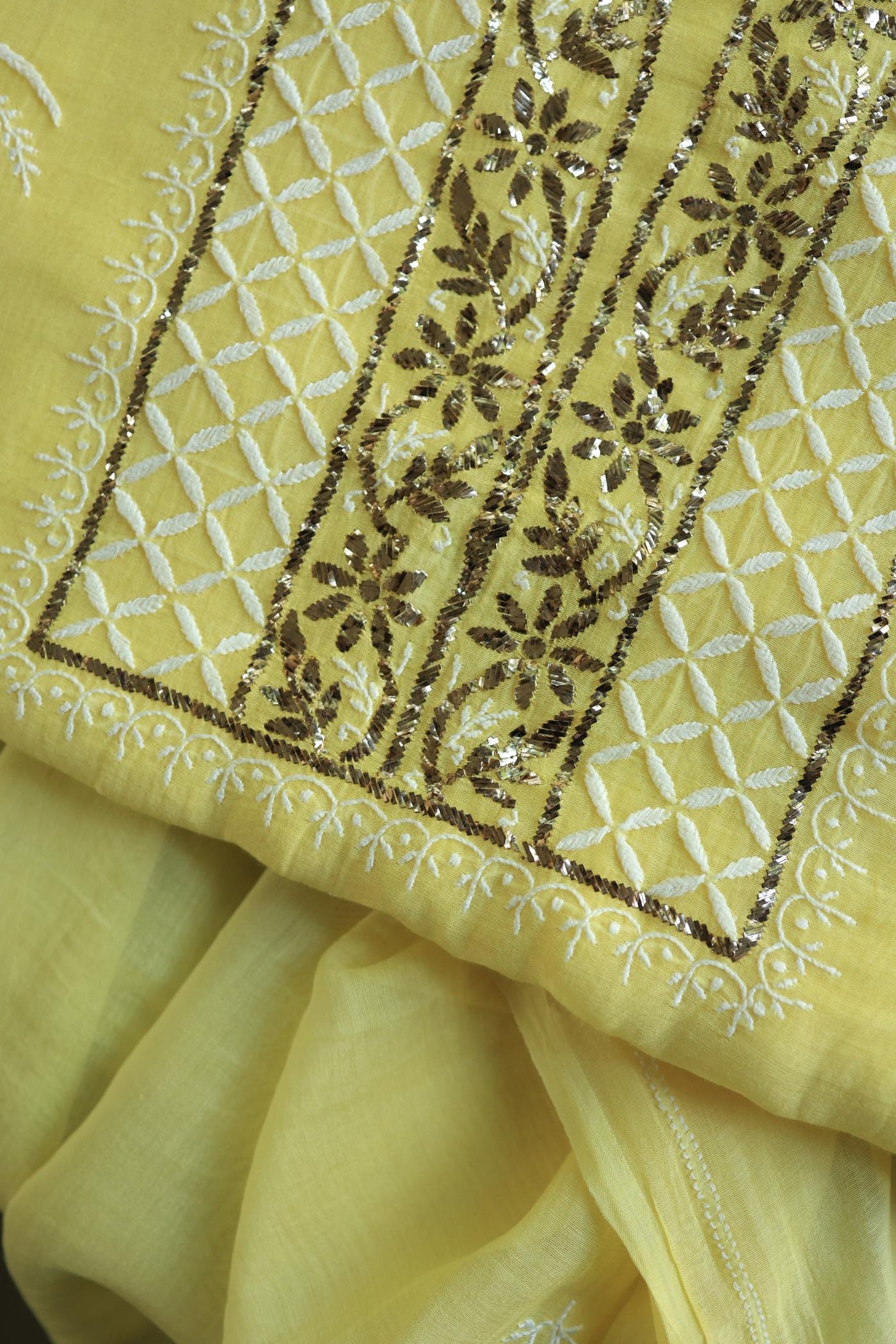 Soft Yellow Mal Cotton Fine Chikankari With Kamdani Work Unstitched Fabric