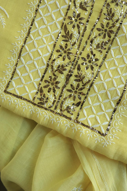 Soft Yellow Mal Cotton Fine Chikankari With Kamdani Work Unstitched Fabric